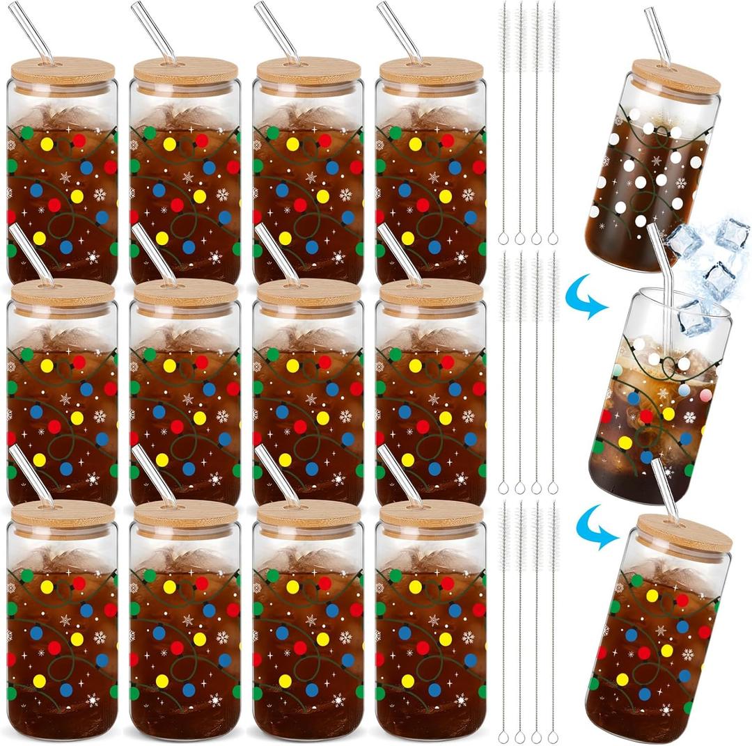 Yetene 12 Pack Winter Glass Cups Gifts 16 oz Color Changing Winter Glass Tumblers with Lids Straws Brushes Snowflake Lights Iced Coffee Cups for Women Men Employee Coworkers Holiday Party Favors
