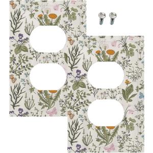Outlet Covers Boho Floral Vintage Flowers Plants 1 Gang Duplex Light Switch Cover Plate Decorative Wall Plates Electrical Switchplate Receptacle for Bathroom Bedroom Decor（2 Pack）