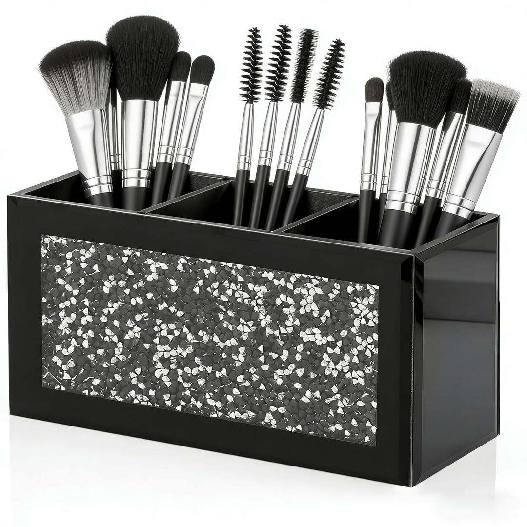 SHYFOY Black Makeup Brush Holder Organizer, 3 Slots Glass Cosmetic Brushes Storage with Crushed Diamond, Pencil Pen Holder for Desk, Desk Organizer and Accessories for Vanity