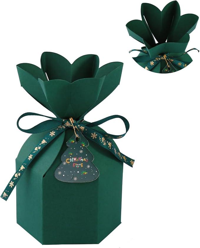 20pcs Christmas Gift Boxes Treat Cookie Favor Party Stacking Set With Lids Merry Christmas Goodie Paper Box Small Size Bow Bulk For Chirldren Mini Wrap Decorative Candy Holiday Santa Presents Giving (20 Green Christmas+Tag+Ribbon+Pins)