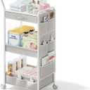 BBLIKE 3-Tier Diaper Caddy Organizer - Rolling Utility Baby Cart with Drawer and Side Pockets for Nursery and Baby Essentials, Multi-Function Cart for Bedroom and Bathroom, White