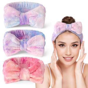 LADES Soft Skincare Headband Adjustable, Comfortable & Stretchy Fabric, Cute Patterns for Makeup, Facial Non-Slip, Headband for Hair Control (3 pack-Gradient Pink, Red, Purple)