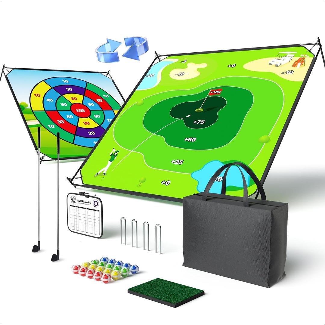 58" x 58" Battle Golf Chipping Game - 2-in-1 Sticky Golf Game Set, Large Chipping Mat with Golf Clubs, 20 Sticky Balls for Chipping Practice - Fun Family Party Game for Indoor and Outdoor Use
