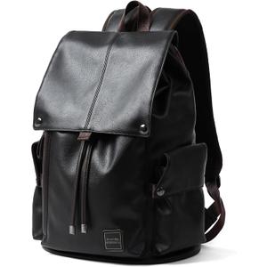 Leather Backpack for Men Fits 15.6" Laptop Vintage Backpacks Waterproof Drawstring Backpack for Travel Daily Work Black