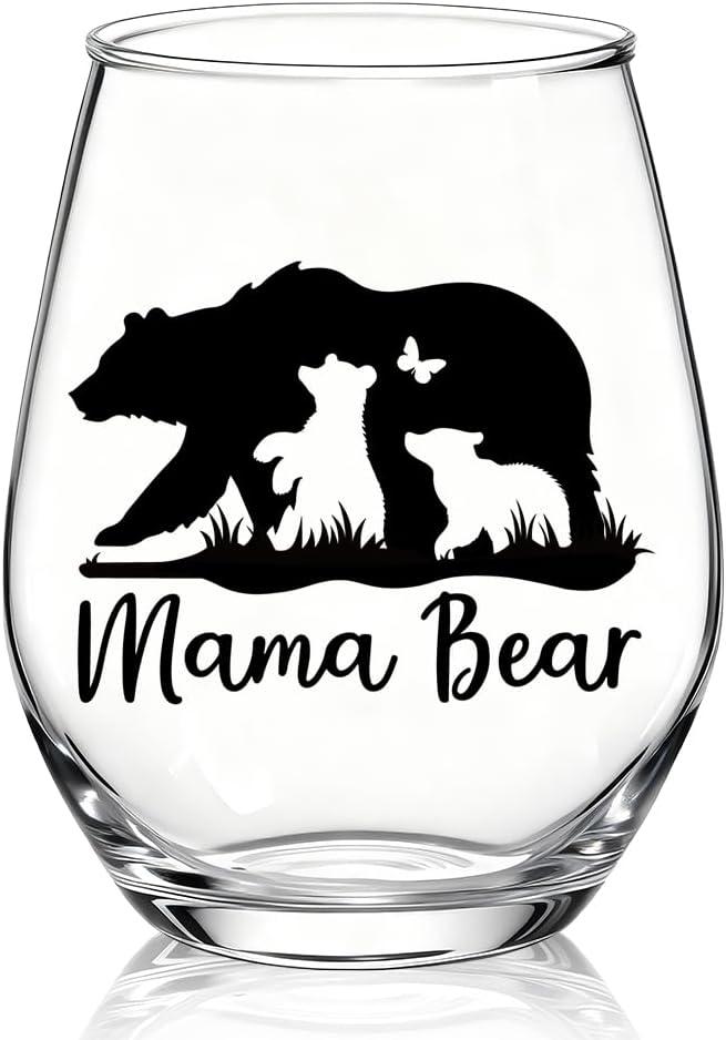 XQLZY Mama Bear Stemless Wine Glass, Funny Mama Bear with Cubs Wine Glass Gifts for Best Mom of Boys Girls, Christmas Birthday Thanksgiving Mothers Day Gifts for Women Family Mammy New Mom