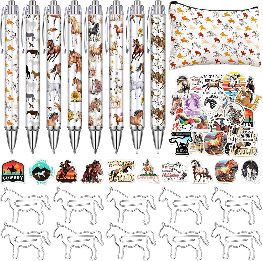 Fullhawl 69 Pcs Horse Pens Set for Horse Lover Stationery Gifts for Women Men Including 0.5mm Ballpoint Pens Bag Stickers and Clips for Student Office School Supplies