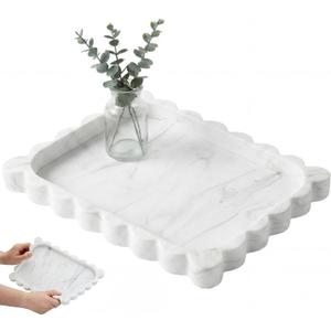 Silicone Bathroom Tray 11.5 x 8.7 Inch Scalloped Silicone Decorative Tray for Soap Dispenser Bottles, Bathroom, Dresser, Kitchen, Vanity, Home Decor, Marble Texture Design (White)