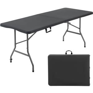 FDW 6 Foot Outdoor Dining Table, Foldable Portable Rectangular Plastic Folding Table with Built in Carrying Handle for Party and Wedding Use, Black