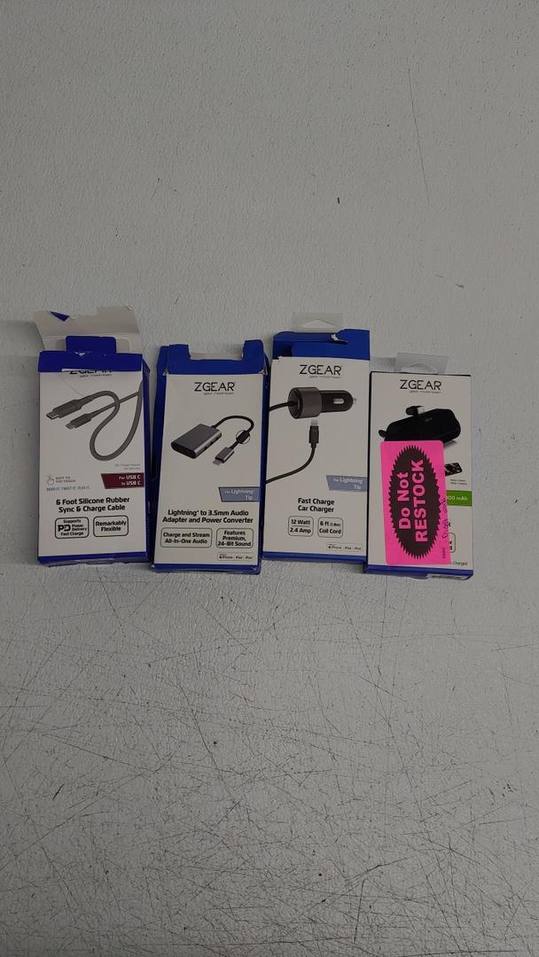 Lot of 4 ZGear Items, 6Ft silicone Rubber Sync and charge Cable, Lighting to 3.5mm audio Adapter And power converter, Fast car charger, and Charging Brick