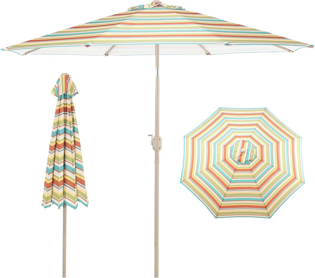 Aoodor 9 Ft Patio Market Umbrella, Outdoor Table UV Protection Umbrella with 8 Sturdy Steel Ribs, Push Button Tilt and Crank for Garden, Deck, Backyard, Poolside (Red Green and Blue)