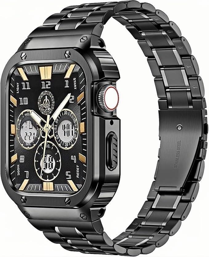 MioHHR Stainless Steel Watch Band with Case Compatible with Apple Watch Series 6 5 4 SE3/ 2/ 1(44mm) Series 3/ 2/ 1(42mm), Rugged Strap with Metal Protective Bumper Cover for iWatch Band Men(Black)