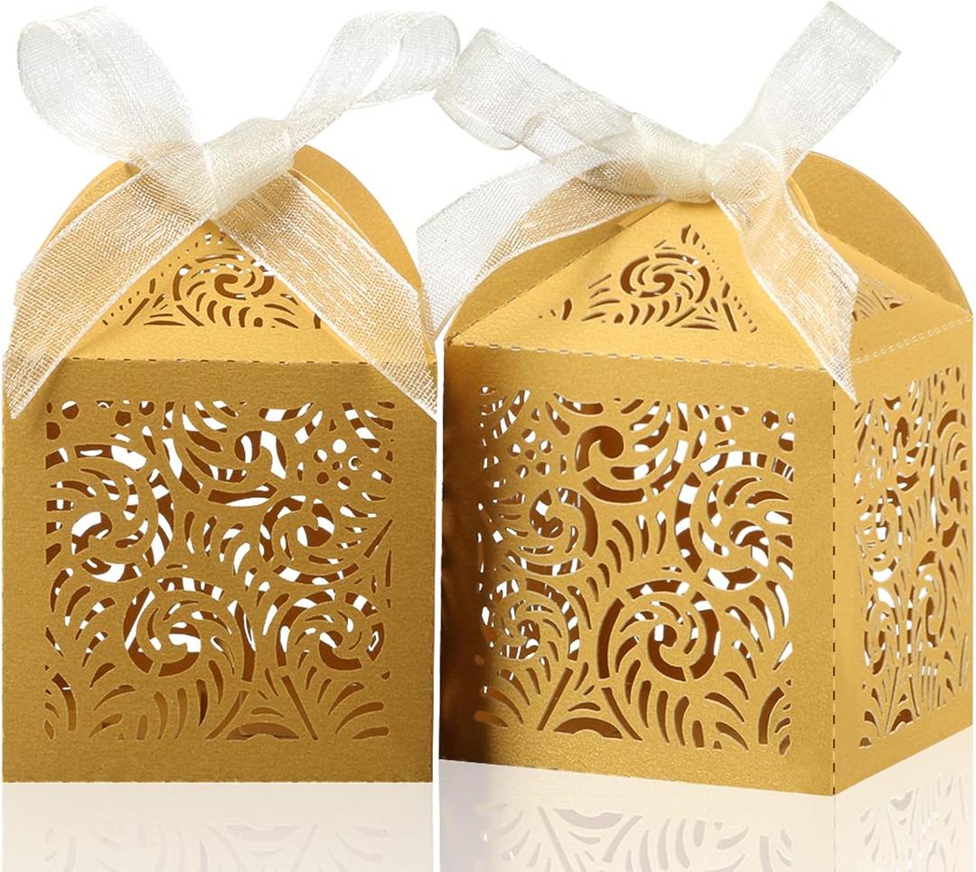 COTOPHER 100Pcs Laser Cut Favor Boxes, 2x2x2.75in Small Gift Boxes for Presents, Party Wedding Favors Boxes with Ribbon, Mini Candy Boxes for Event Bridal Shower Anniversary Birthday Christmas, Gold