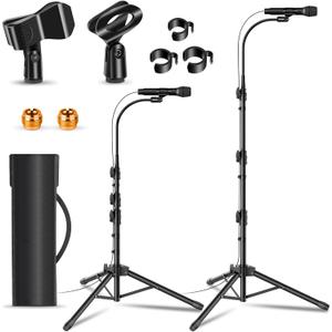 2 Pack Mic Stand Gooseneck Microphone Boom Stand for Singing Height Adjustable from 24 to 67 with 2 Mic Clips for Adults and Kids Singing Lecture Stage, Black