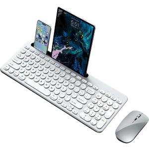 Wireless Keyboard and Mouse Combo with Phone Tablet Holder, Rechargeable Dual-Mode (Bluetooth 5.0 and 3.0 +2.4G) Multi-Device Silent Mouse for Windows, iPad, Tablet, MacOS,iOS,Android (Silver White)