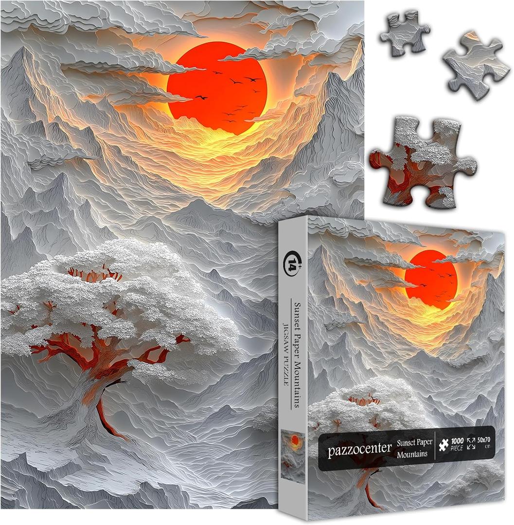 Sunset Landscape Puzzles for Adults 1000 Pieces, Red Sun Mountain Clouds Scene Puzzle, Challenging Paper Cut Art Nature Themed Jigsaw Puzzle Trees Sunrise Scenic, Impossible Difficult Hard for Adults
