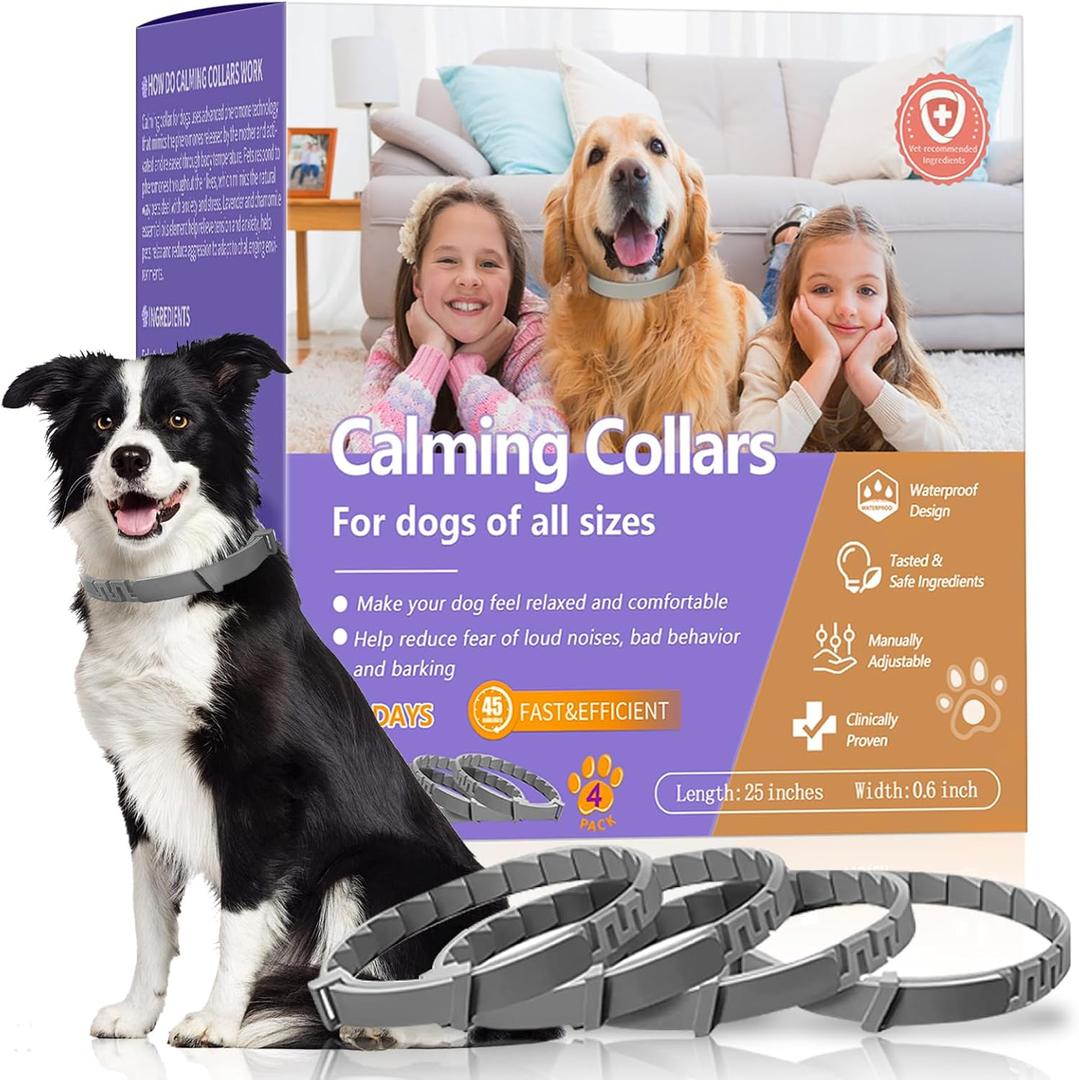 Calming Collar for Dogs | Dog Calming Collar with Natural Pheromone Helps Reduce Unwanted Behavior | Stress Relief for Puppy & Adult Dogs, Waterproof Calm & Relaxation Lasts 60 Days - Grey, 4 Pack