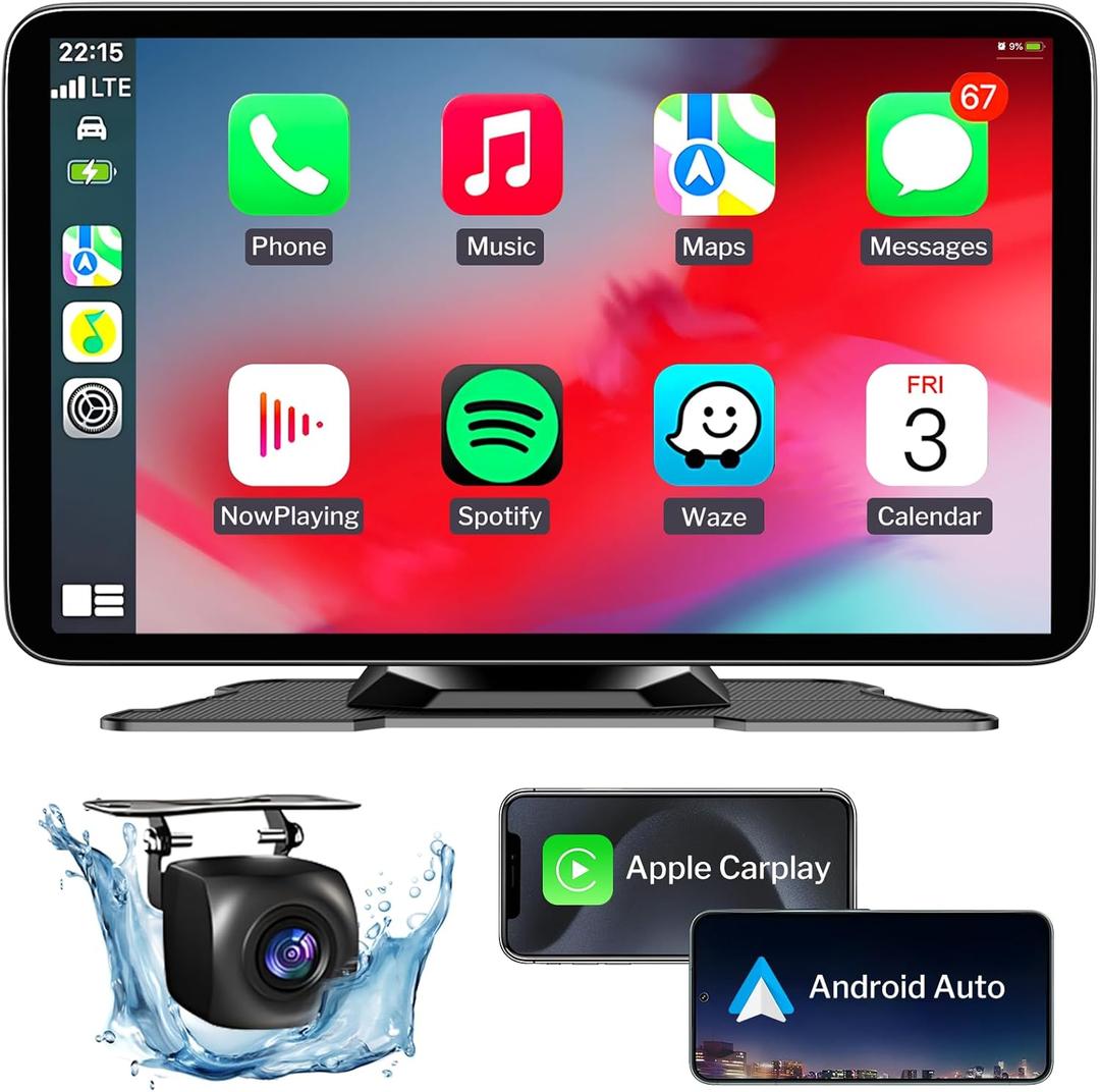 Wireless Apple Carplay Screen for Car, 7" HD Portable Car Stereo Touch Screen with Apple CarPlay & Android Auto with Backup Camera/Mirror Link/Siri/Bluetooth/Voice Control/Navigation/AUX for All Cars