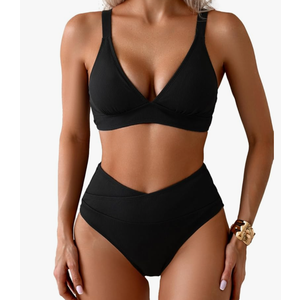 Sexy Ribbed Bikini Set Womens V-Cut Cheeky High Leg Tummy Control Longline Swimsuit 2 Piece M