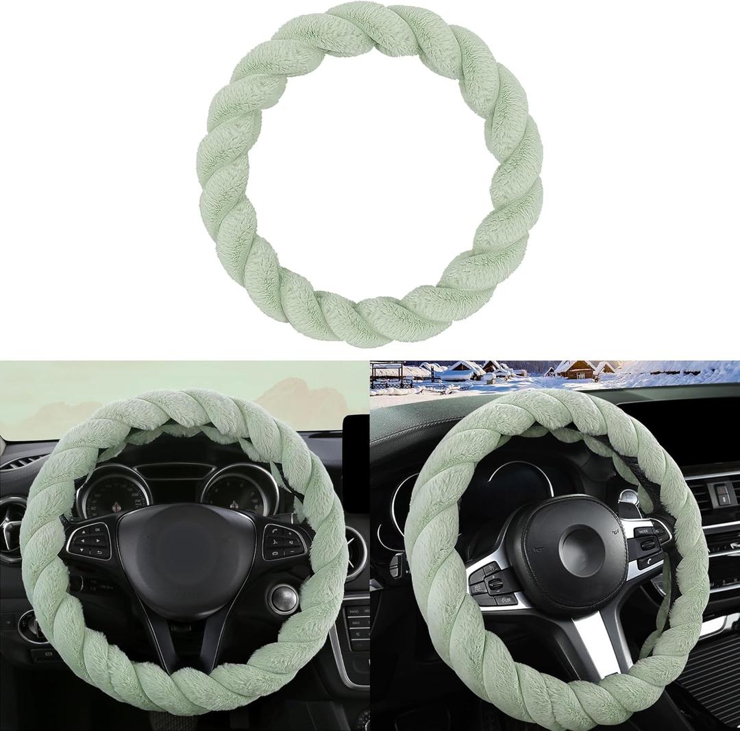 Luxury Fluffy Winter Car Steering Wheel Cover for Women Soft Warm Plush Cute Auto Accessories for Vehicle, Sedan,Universal,Fuzzy,Black,Anti Slip (Green)