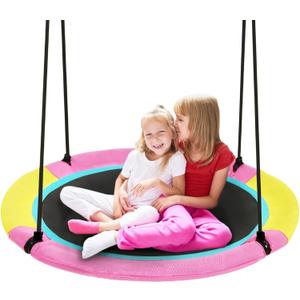 HOTJUMP 40 Inch Saucer Tree Swing for Kids Outdoor, Textilene Fabric Tear & UV Resistant Waterproof, Round Disc Circle Swing Set for Backyard Garden, Pink