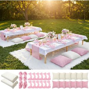 Beeveer 91 x 71 Extra Large Outdoor Boho Picnic Blanket with Pink Table Runner, 12 Throw Pillow Covers 12 Napkins Woven Cotton Yarn Oversize Beach Blanket Washable Picnic Camp Wedding