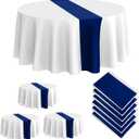 Oudain 6 Pcs Round Plastic Disposable Tablecloth 84 Inch Stain and Wrinkle Resistant Table Cover Tablecloths for Graduation Birthday Party Wedding Baby Shower Decoration(White, Navy Blue)