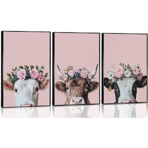 3pcs Cow Canvas Wall Art Pastoral wind cattle in Wreath Poster Print pink Funny Farmhouse Picture Painting Wall Decor for Living Room Bathroom Unframed