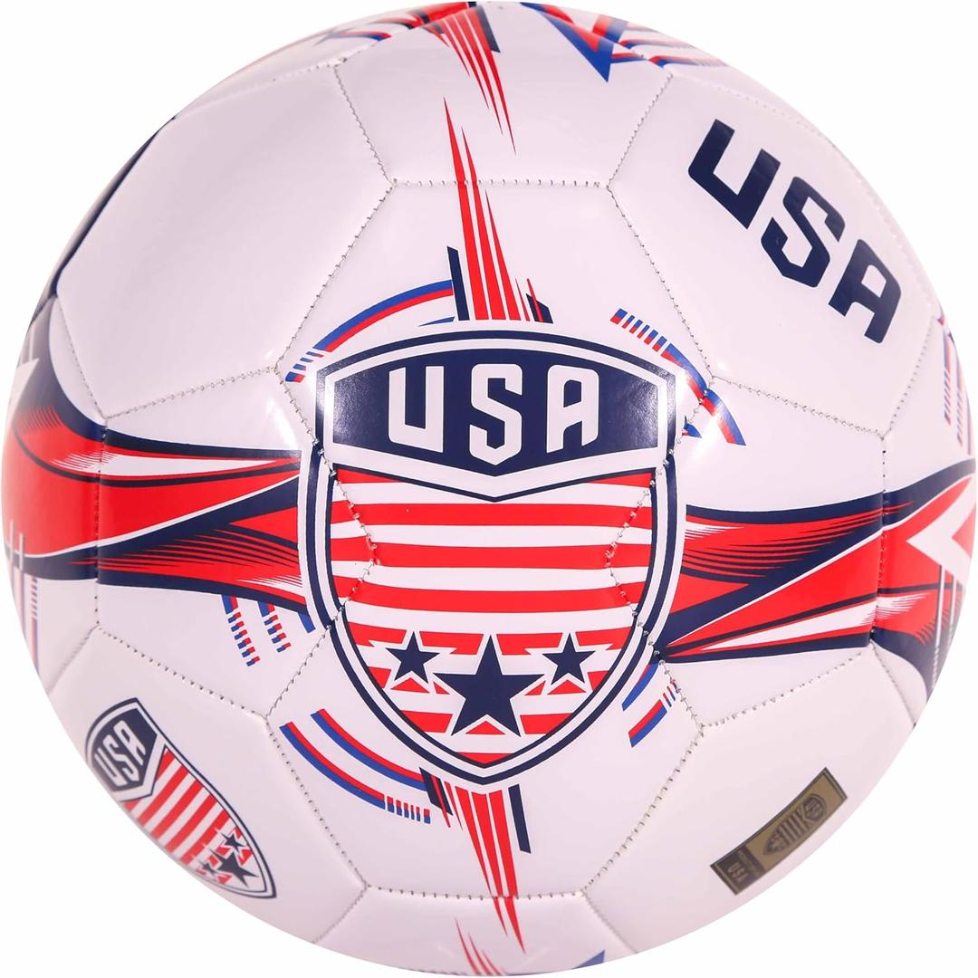 CLASICO USA Soccer Ball Size 5 Match Ball with Clean White Base and Red & Blue USA Colours, Includes Pump & Needle, for Ages 14 and Up