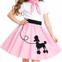 Davsolly Poodle Skirt for Girls, 50s Outfit for Girls, 5pcs 1950’s Sock Hop Costume for Party Career Day Birthday Gifts, M 8-10 years