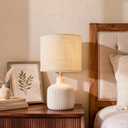 Ceramic Table Lamp, 17.75" Rustic Farmhouse Bedside Lamp with Beige Linen Shade, Warm Ambient Nightstand Lighting for Bedroom or Living Room, Off-White