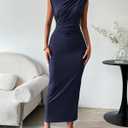 BTFBM Women Ruched Bodycon Maxi Dresses Summer Casual Sleeveless Lightweight Slit Elegant Cocktail Wedding Guest Dress (Blue, S)