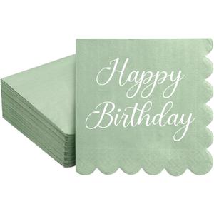 100 Pcs 2-Ply Happy Birthday 5" x 5" Sage Green Cocktail Napkins Light Green Scalloped Napkins Disposable Beverage Dessert for Birthday Party Supplies Decorative