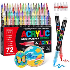 Guangna Acrylic Paint Markers Brush Tip, 72 Vivid Colors with Direct-Liquid Ink Control System, Professional-Grade Paint Pen for Rock Painting, Canvas, Glass, Plastic, Fabric & Creative Crafts (1 Count (Pack of 72), Multicolor)