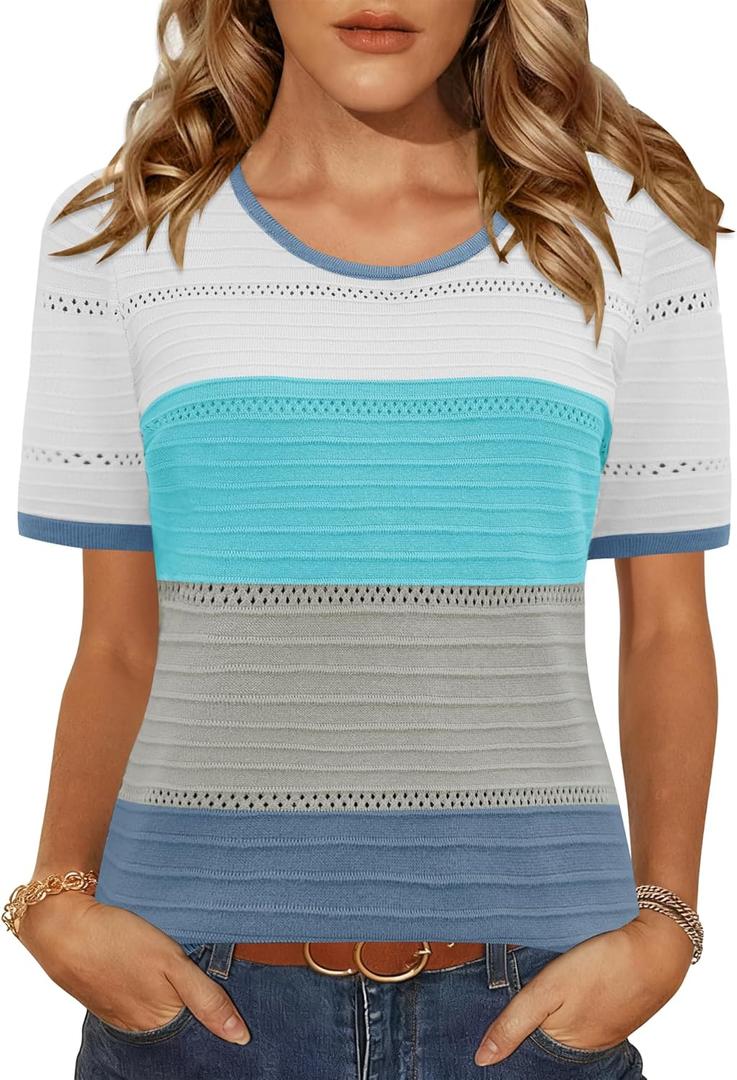 LUYAA Short Sleeve Sweater for Women Spring Summer Crochet Tops Crewneck Ribbed Casual Lightweight Pullover Sweaters XL