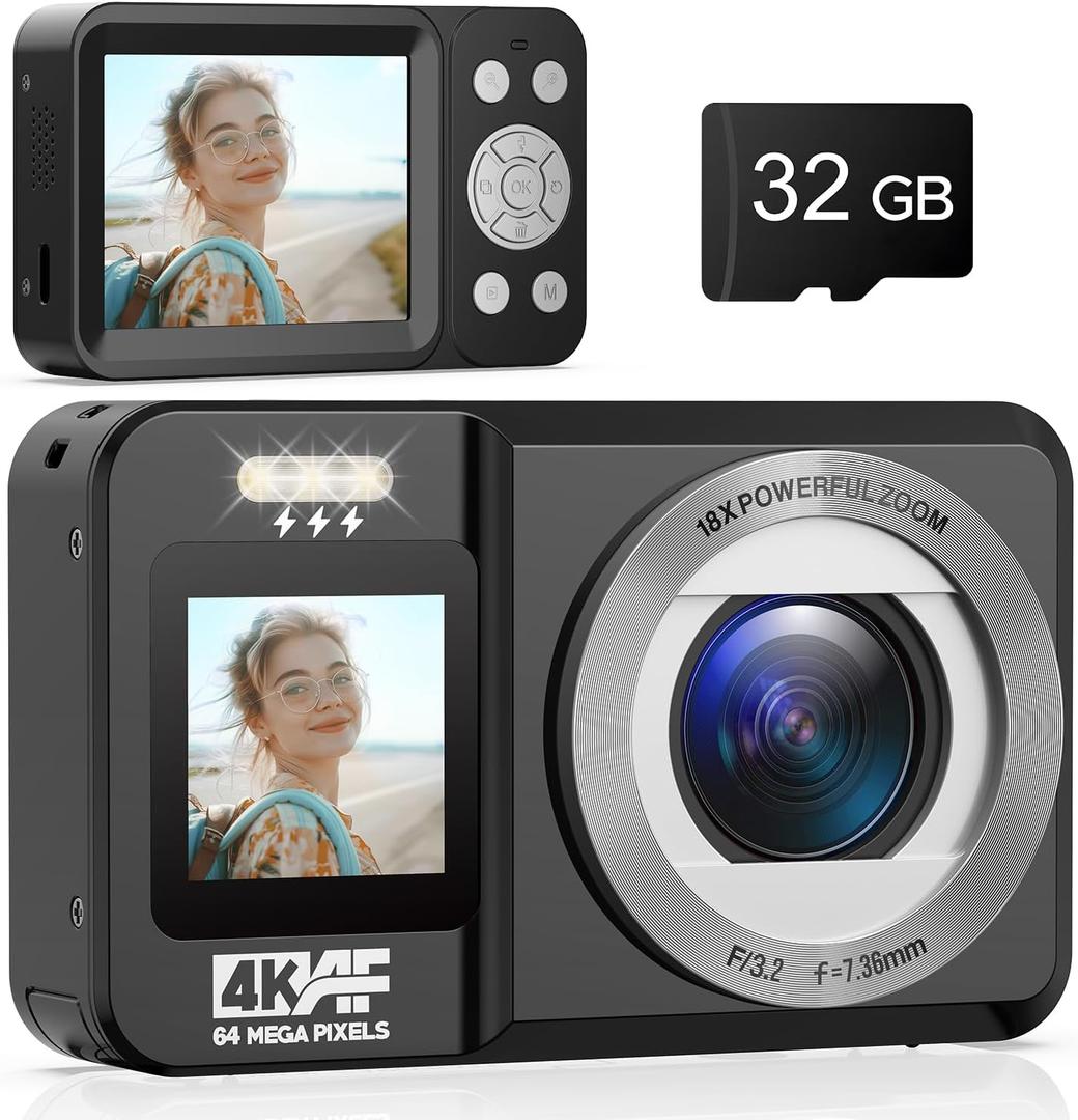 Digital Camera, 4K 64MP Dual Screens Camera, 18X Zoom, Point and Shoot Digital Cameras with Battery & 32GB TF Card, Portable Rechargeable Small Camera for Kids Teens Adult Beginner, Black