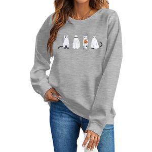 MNLYBABY Halloween Cat Sweatshirt Women Funny Cat Ghost Graphic Shirt Gifts Spooky Long Sleeve Crewneck Shirt Tops (Gray)
