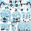 Blue Halloween Birthday Decorations,198pcs Ghost Party Decorations Tableware Happy Boo Day Plates Napkins Cups Tablecloth Banner Swirls, Topper, Balloon for boy Halloween Party Decorations, Serve 24