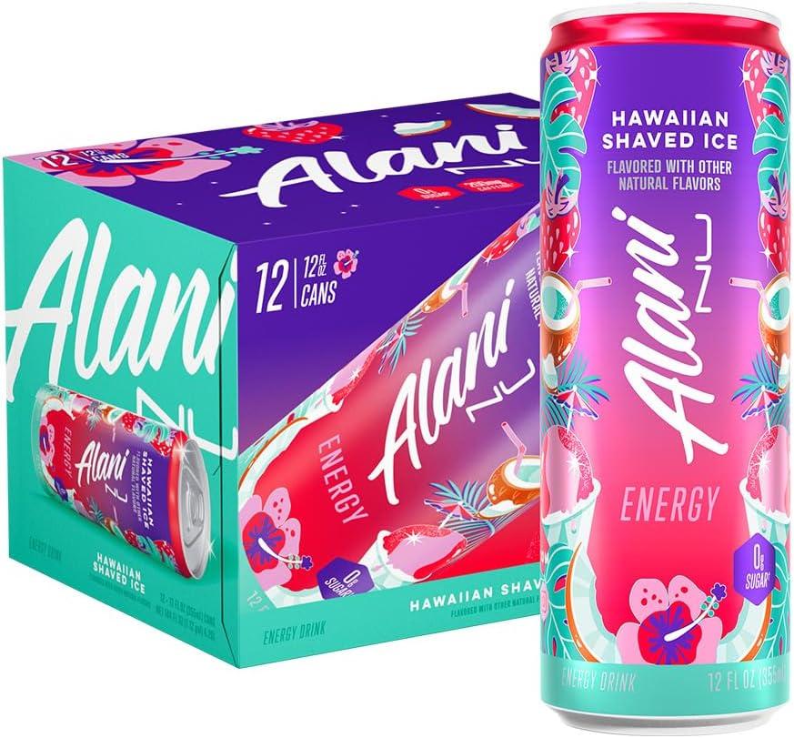 Alani Nu HAWAIIAN SHAVED ICE, Sugar Free, Low Calorie Energy Drinks, 200mg Caffeine, Biotin, B Vitamins, Zero Sugar, 10 Calories, 12 Fl Oz Cans, 12 Pack (EXP 12/01/26)