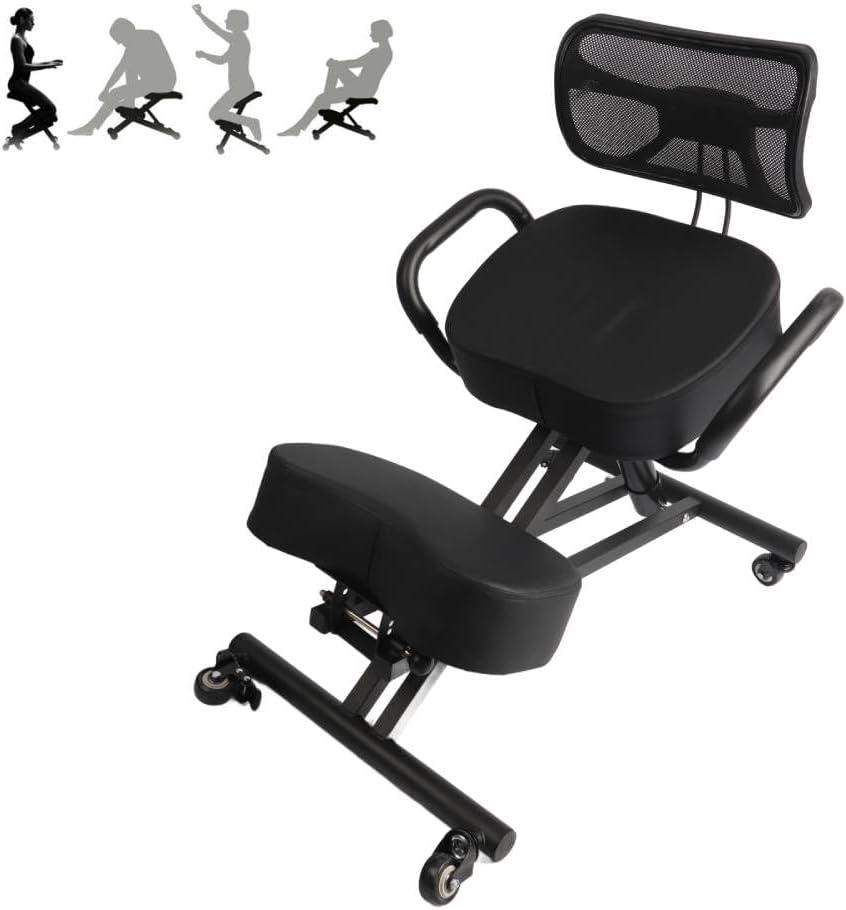 Ergonomic Height Adjustable Breathable Kneeling Chair Back Support Kneeling Chair with Leather Cushion Comfortable Mesh Backrest, Spine Alignment Support