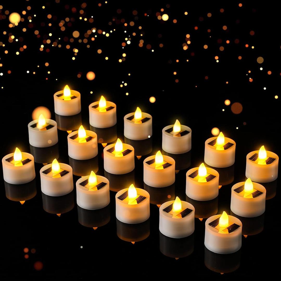 18 Pieces Solar Tea Lights LED Flameless Solar Candles Battery Flickering Waterproof Candles for Wedding Holiday Party Home Decor(1.5 x 1.4 Inch,Yellow Light)