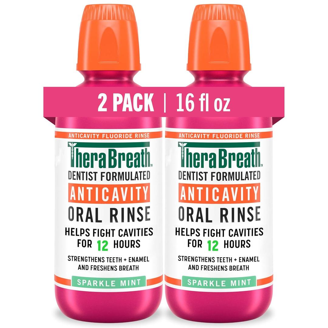 TheraBreath Anticavity Fluoride Oral Rinse Mouthwash, Fights Cavities, Strengthens Enamel and Freshens Breath, Dentist-Formulated, Alcohol-Free, Sparkle Mint Flavor, 16 fl oz, Pack of 2