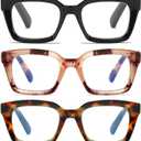 3 Pack Oversize Square Design Reading Glasses for Women, Blue Light Blocking Computer Reader Black & Pink & Leopard, 2.00 X