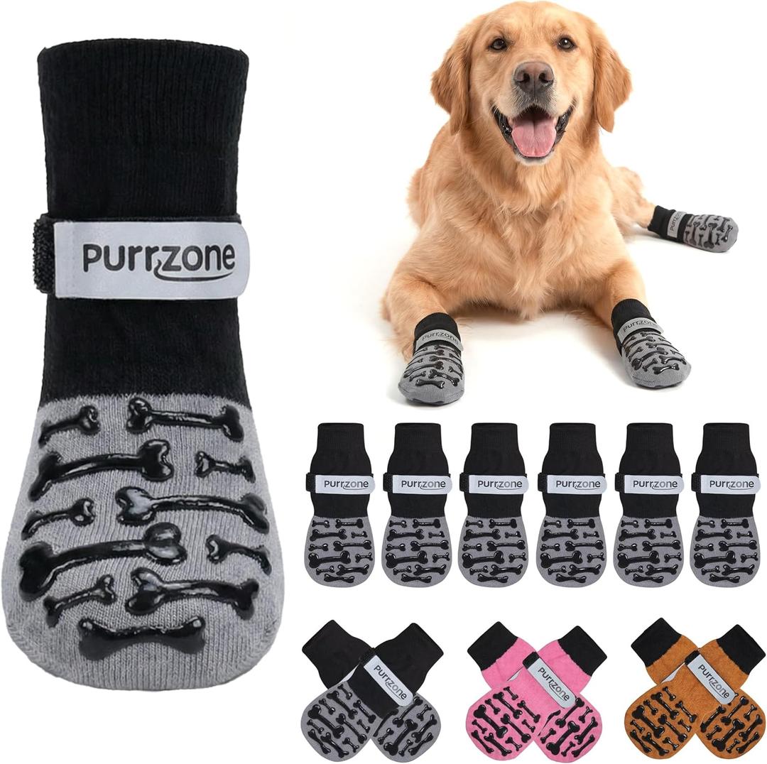 6 Pcs Non-Slip Dog Socks with Cute Bone Paw Grips Indoor Dog Socks for Hardwood Floors, Booties for Hot Pavement, Socks for Winter Snow, Paw Protector Socks (Modern Grey, X-Large)