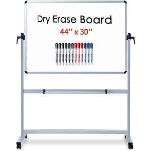 VIZ-PRO Double-Sided Magnetic Mobile Whiteboard 44 x 30 Inches, Aluminium Frame and Stand, with 12-Count Markers
