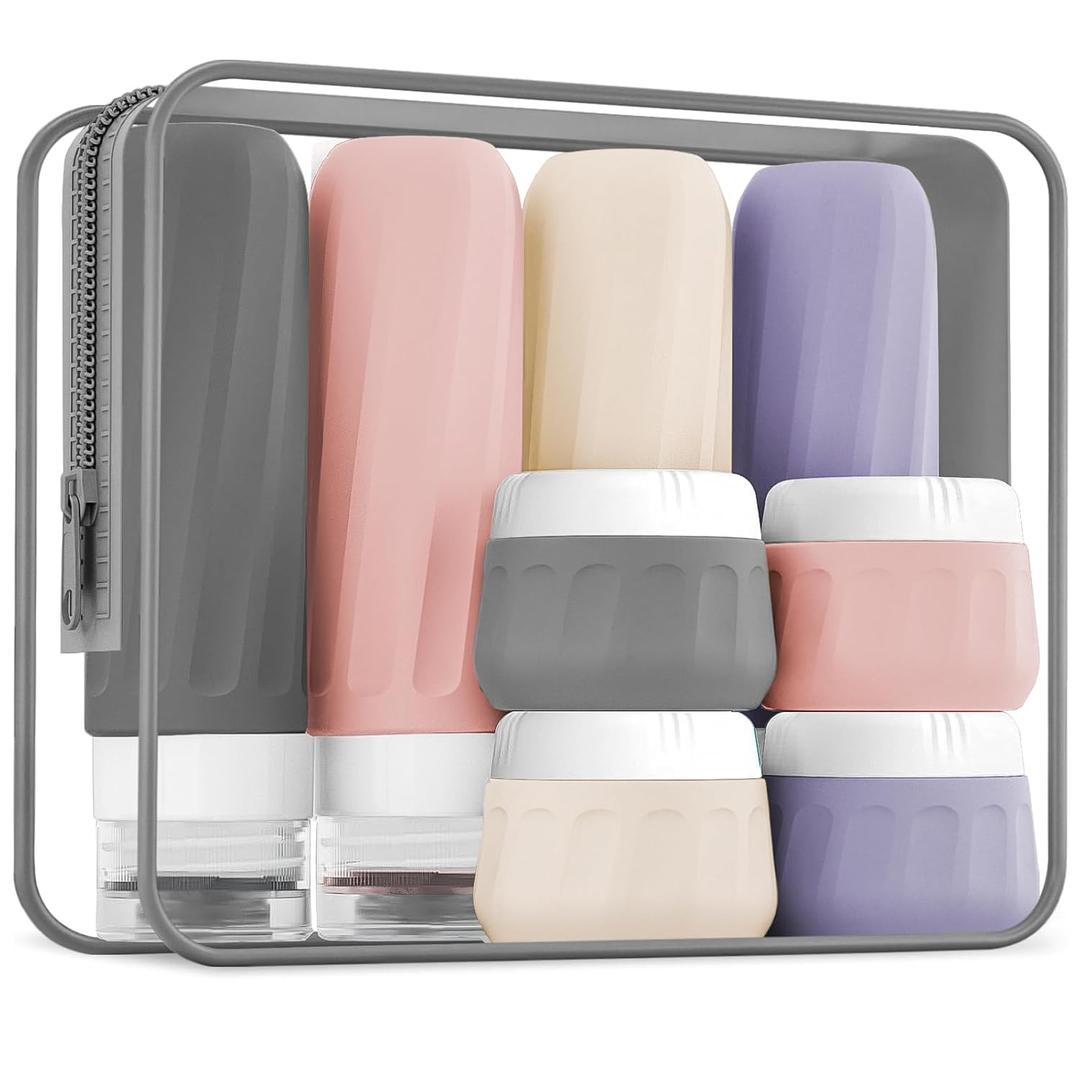 8 x Mrsdry Travel Bottles for Toiletries 8 Pack, Travel Size Toiletries, Tsa Approved Travel Size Containers 3oz, with Travel Essentials Clear Bag, Leak Proof Silicone Squeezable Creams Jars