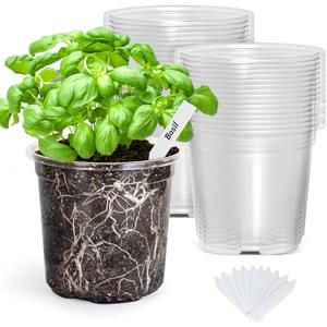 Bonviee 30-Pack 5-Inch Clear Nursery Pots for Plants, Plastic Seedling Pots with Drainage Holes, and 10 Plant Labels, Ideal for Seed Starters and Flowers, Clear