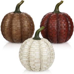 Oairse 6 Inch Large Artificial Pumpkins, 3 Pcs Fall Pumpkin Decor Beige Dark Red Brown Faux Resin Pumpkins Woven Pumpkin Centerpiece for Rustic Farmhouse Fall Thanksgiving Autumn Harvest Table Decor