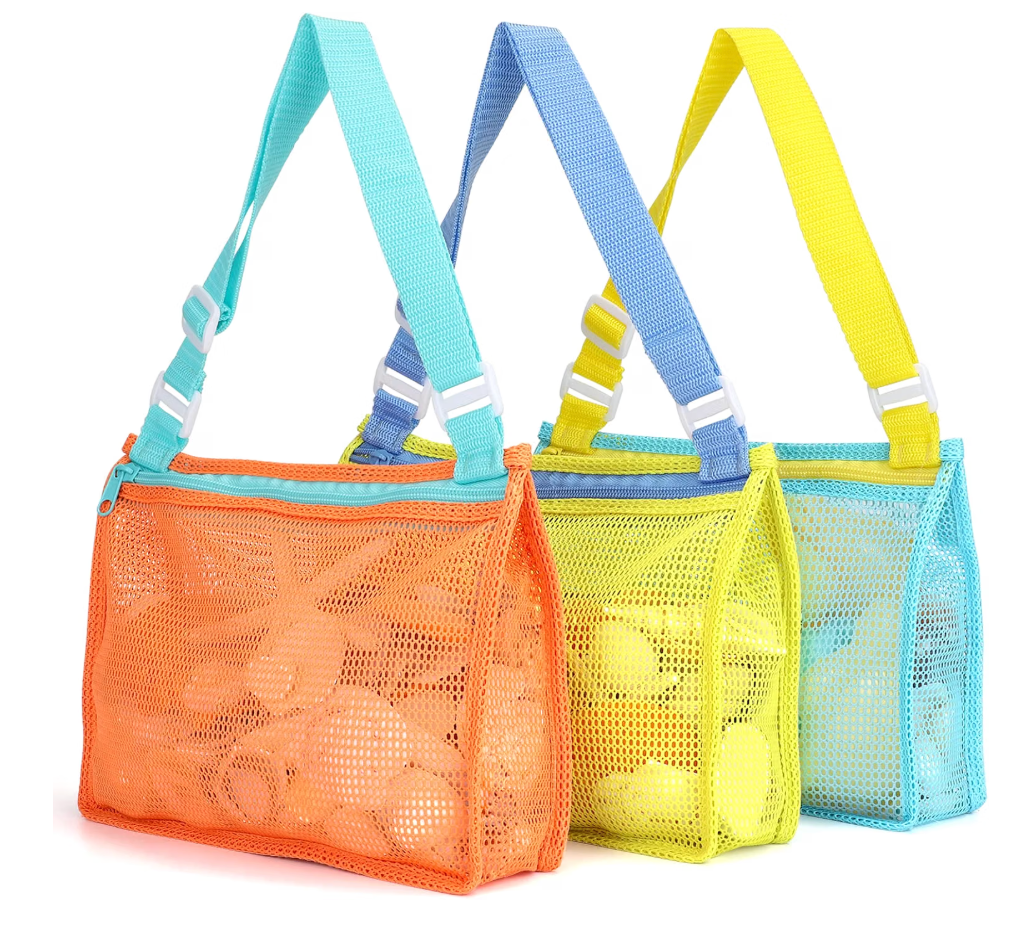 Beach Toy Mesh Beach Bag Kids Shell Collecting Bag Beach Sand Toy Totes for Holding Shells Beach Toys Sand Toys Swimming Accessories for Boys and Girls(Only Bags,A Set of 3)