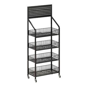 4 Tier Supermaket Snack Rack Display Stand, Free-Standing Black Retail Display Shelves with 12 Hooks & 4 Wheels, Large Metal Snack Shelf for Store Business