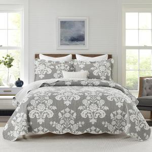Gray Floral King Quilt Set,100% Cotton Farmhouse Quilt,Grey Floral Printed Reversible Bedspread, 3 Pieces Lightweight Quilt Bedding Set for All Seasons